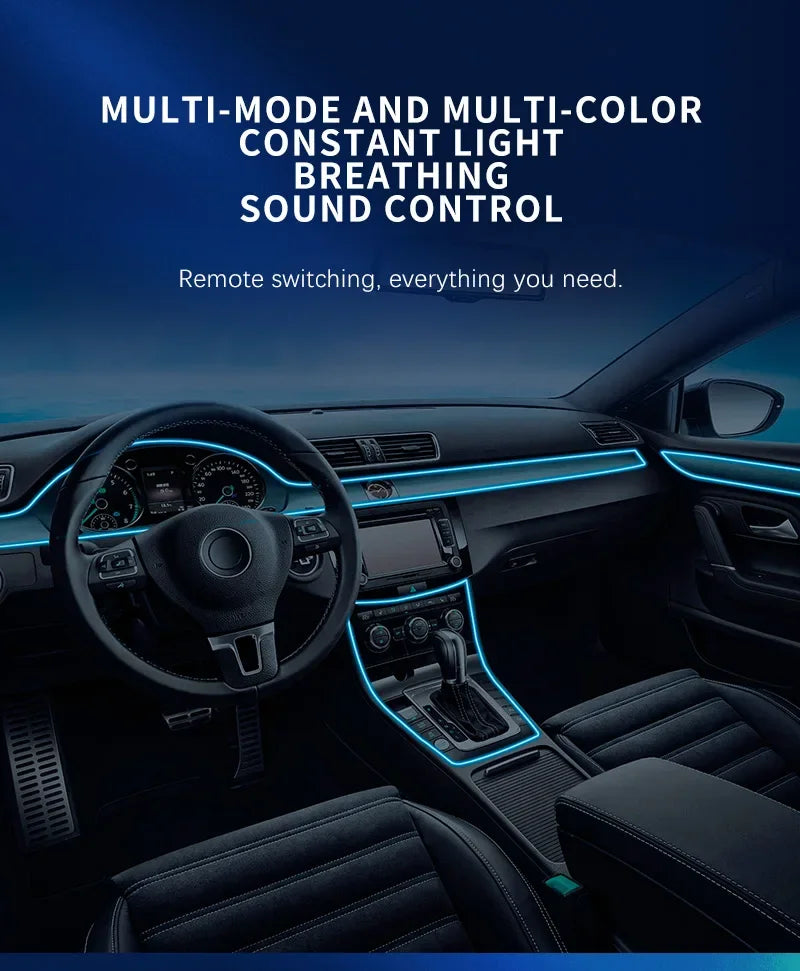Car RGB Ambient LED Light Strip – USB-Powered Fiber Optic Neon Lights for Interior Atmosphere & Console/Door Deco