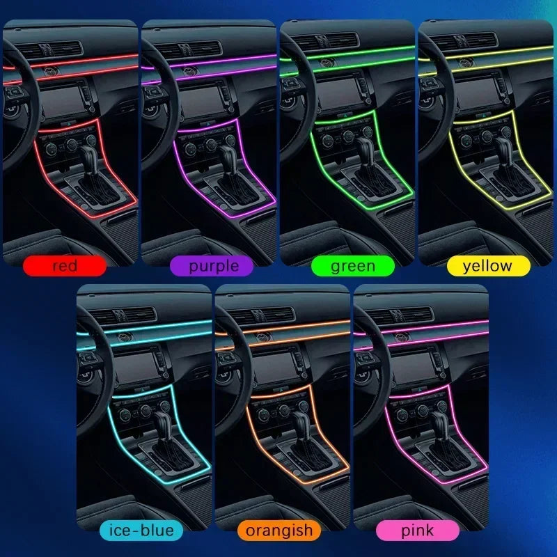 Car RGB Ambient LED Light Strip – USB-Powered Fiber Optic Neon Lights for Interior Atmosphere & Console/Door Deco