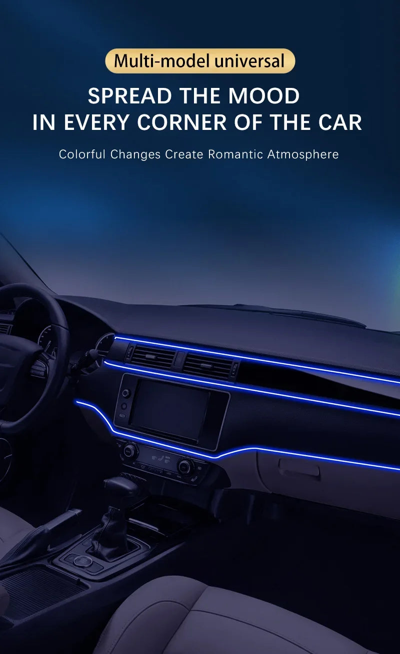 Car RGB Ambient LED Light Strip – USB-Powered Fiber Optic Neon Lights for Interior Atmosphere & Console/Door Deco