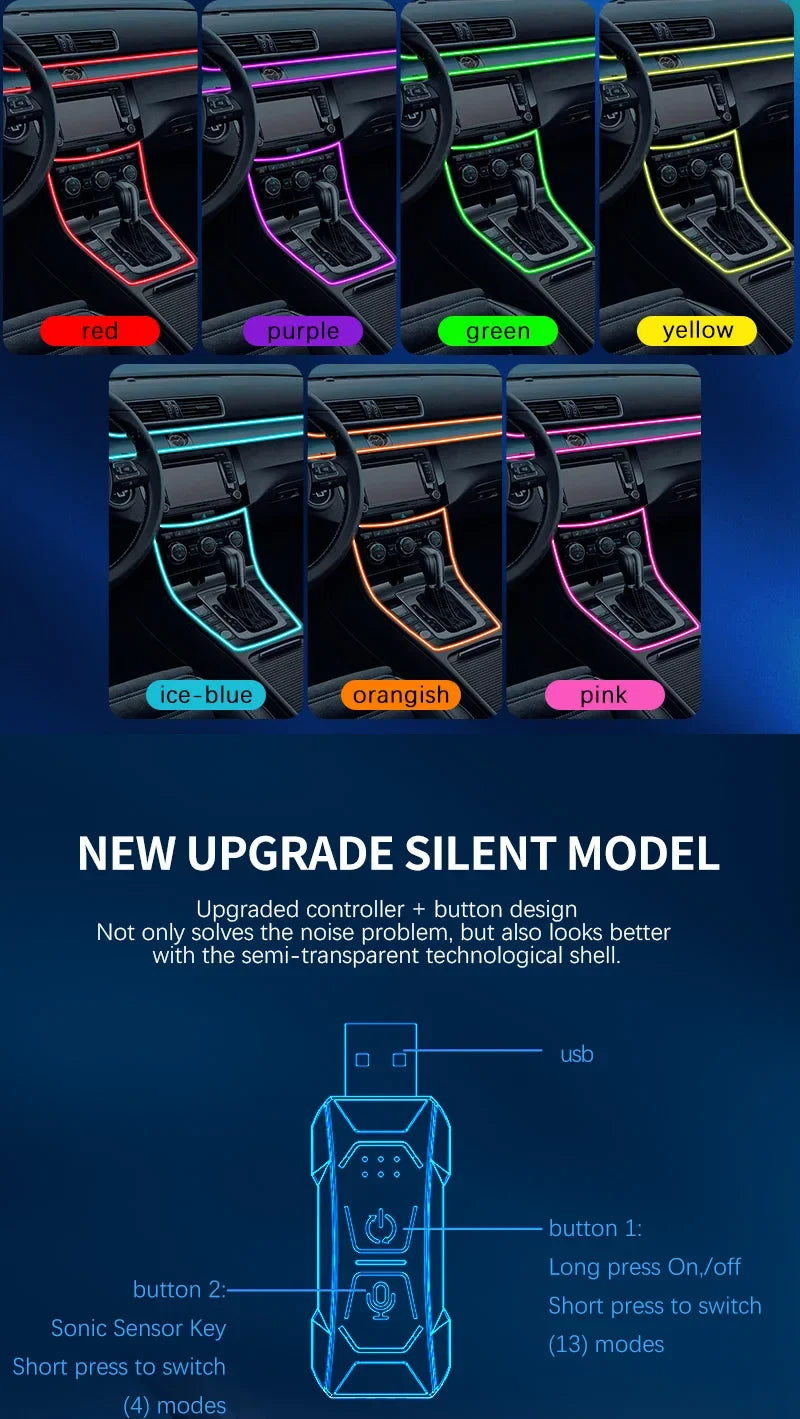 Car RGB Ambient LED Light Strip – USB-Powered Fiber Optic Neon Lights for Interior Atmosphere & Console/Door Deco