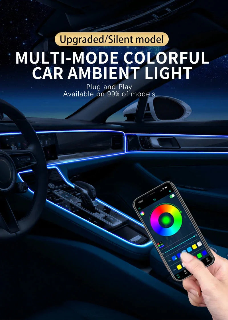 Car RGB Ambient LED Light Strip – USB-Powered Fiber Optic Neon Lights for Interior Atmosphere & Console/Door Deco