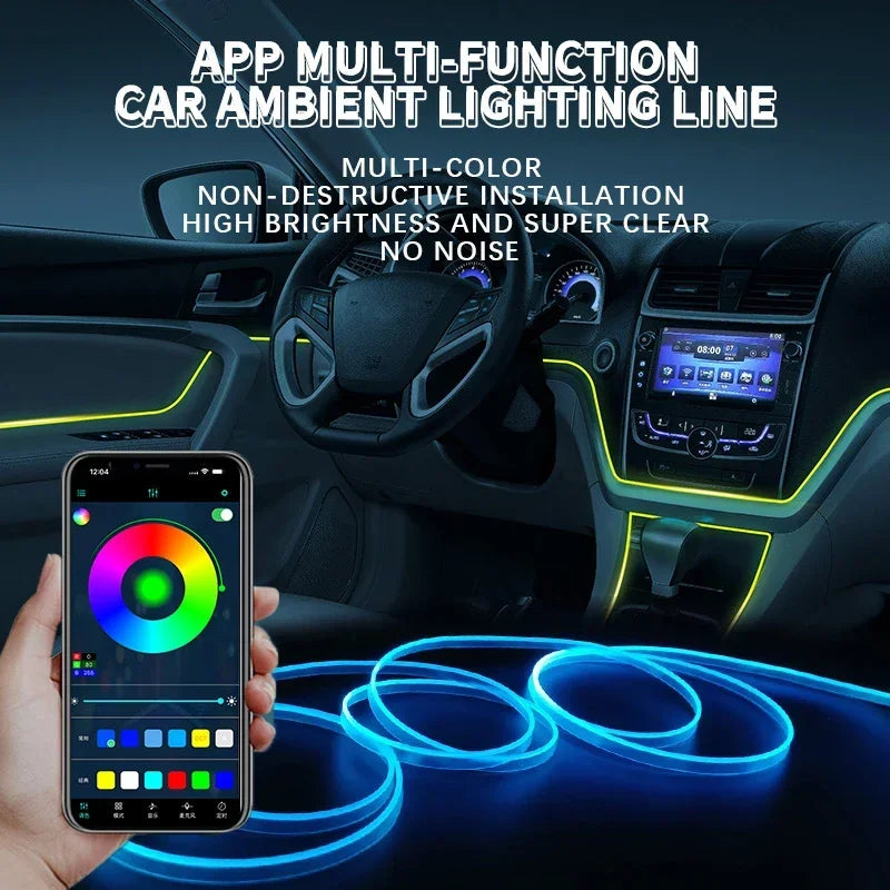 Car RGB Ambient LED Light Strip – USB-Powered Fiber Optic Neon Lights for Interior Atmosphere & Console/Door Deco
