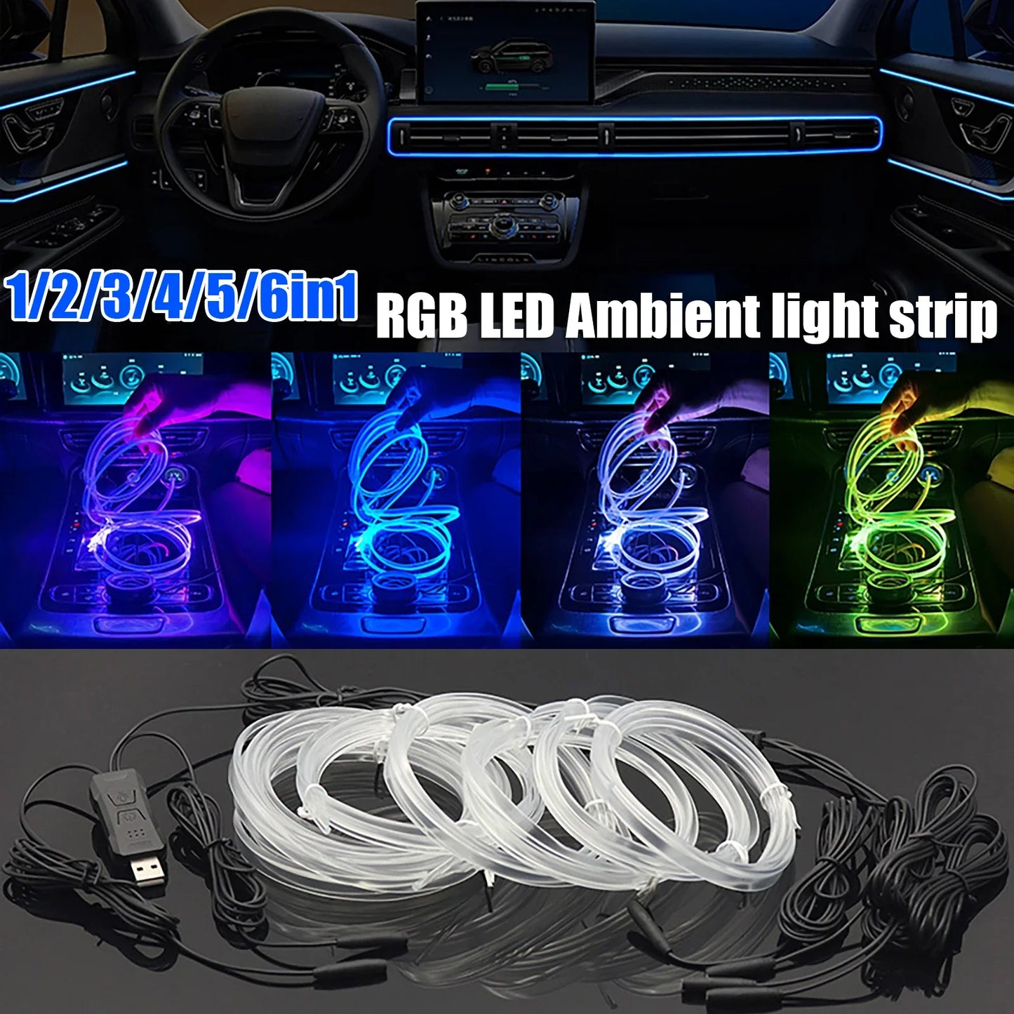 Car RGB Ambient LED Light Strip – USB-Powered Fiber Optic Neon Lights for Interior Atmosphere & Console/Door Deco