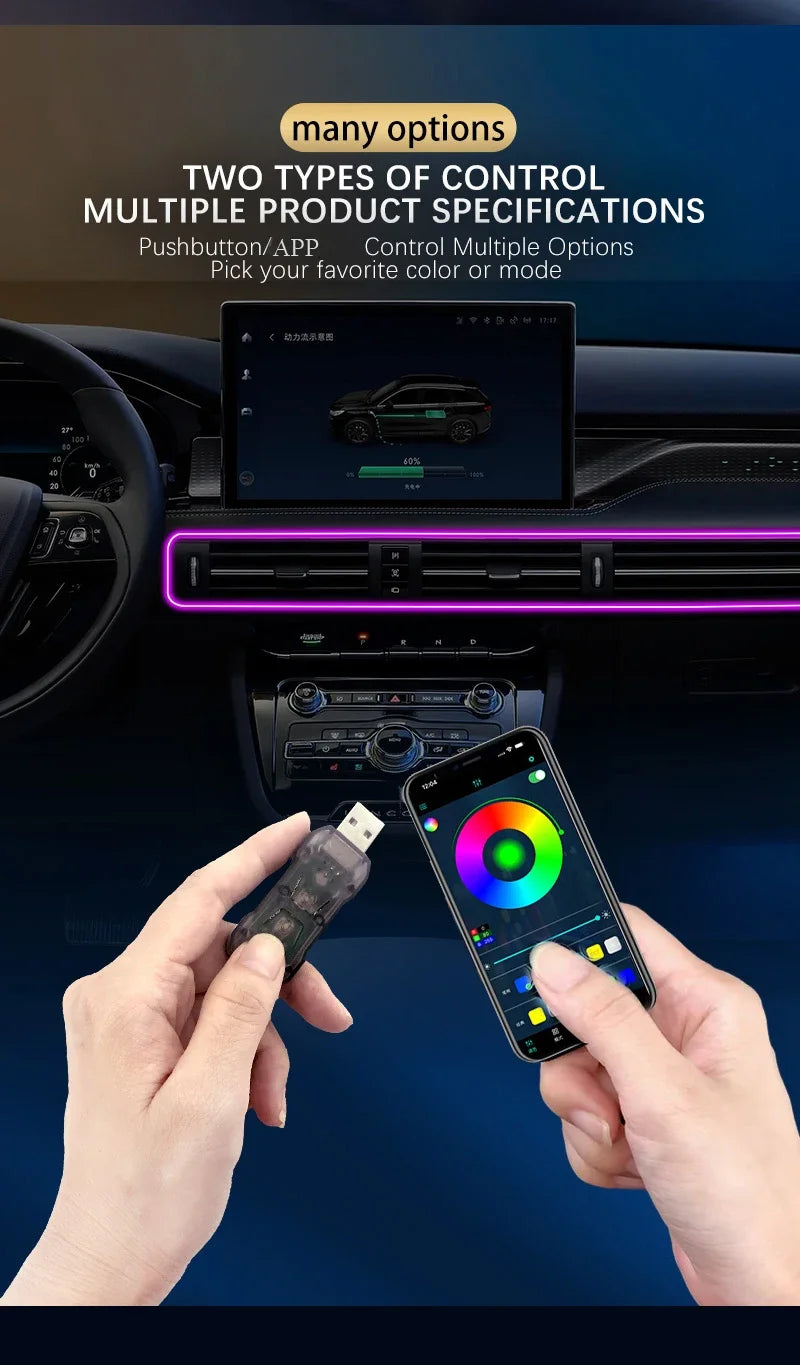 Car RGB Ambient LED Light Strip – USB-Powered Fiber Optic Neon Lights for Interior Atmosphere & Console/Door Deco