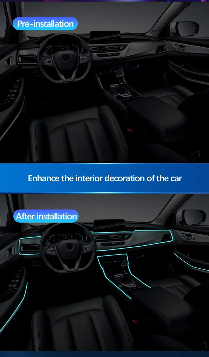 Car RGB Ambient LED Light Strip – USB-Powered Fiber Optic Neon Lights for Interior Atmosphere & Console/Door Deco
